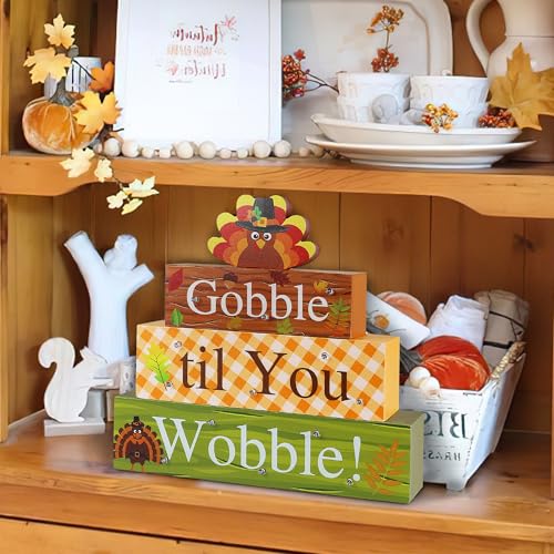 Thanksgiving Wooden Block Sign with LED Lights - Gobble Til You Wobble Turkey Decor - Fall Farmhouse Tabletop Sign - Variation: Thanksgiving 1