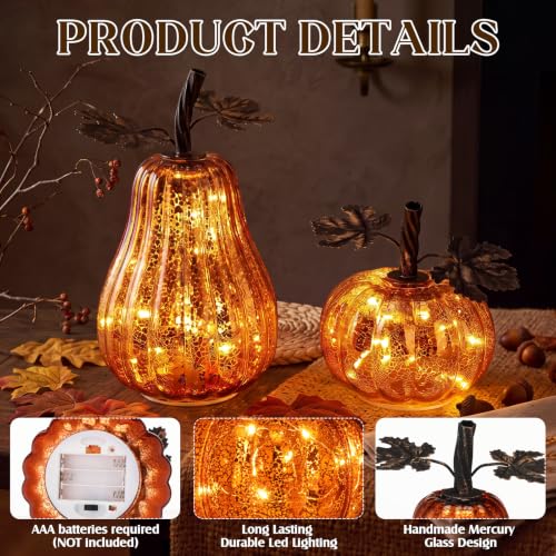 Lighted Glass Pumpkin Decor - Set of 2 Mercury Glass Autumn Halloween Thanksgiving Oranges