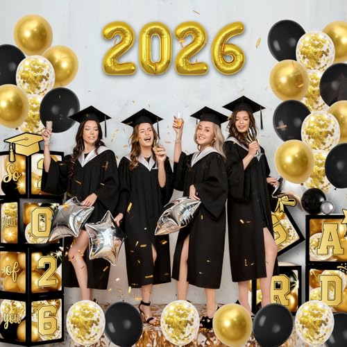 Black Graduation Balloon Box Stack with 'GRAD' Letters - Class of 2026 Decorations