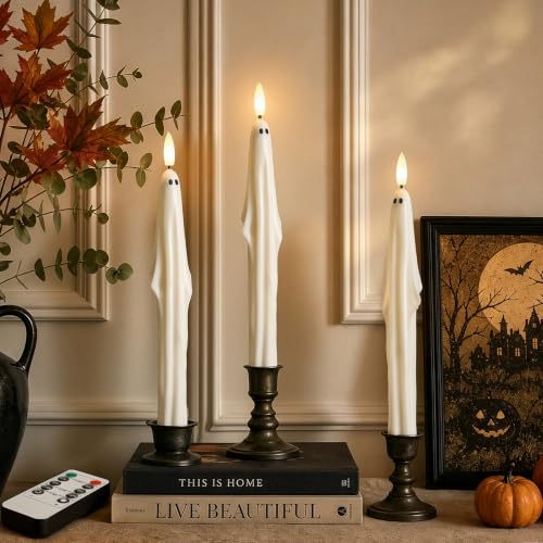 Halloween Ghost Candlesticks Set - Flameless Taper Candles with Remote, 3 Pack
