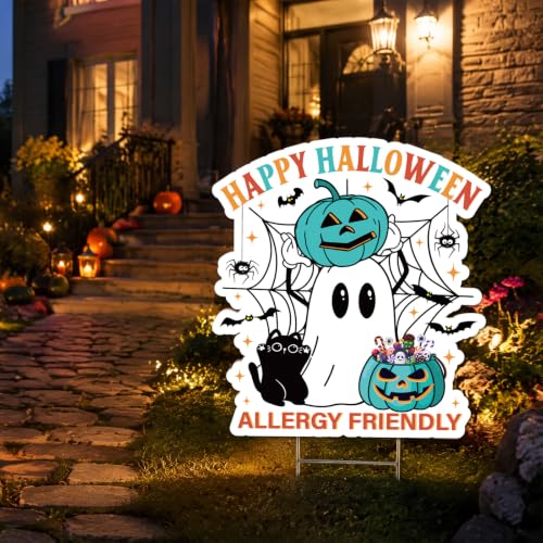 Halloween Teal Pumpkin & Ghost Yard Stakes - Blue White Outdoor Decorations, Allergy-Friendly
