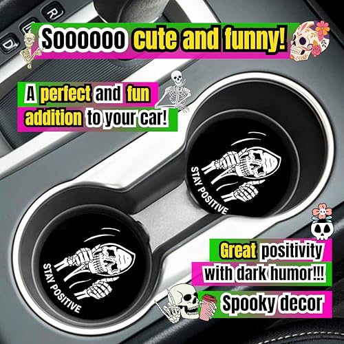 Skull Car Coasters 2 Pack - Funny Gothic Skeleton Cup Holder Accessories