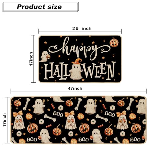 Halloween Ghost Pumpkins Kitchen Mat Set of 2 - Non-Slip, Absorbent Fall Rug