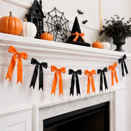 Halloween Bow Garland Banner with Black & Orange Satin Bows - 2 Strands, 16 Large Movable Bows, 13ft Decor