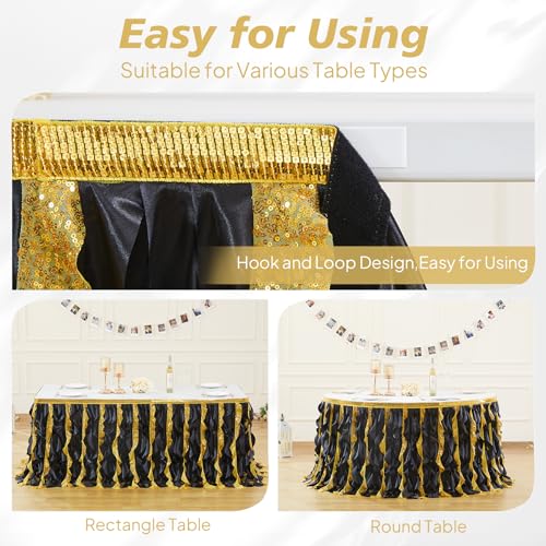 Black Gold 21ft Sequin Table Skirt for Rectangular Tables - Glitter Fringe Tutu Ruffle Party Decor