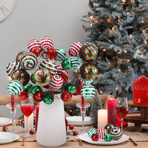 Christmas Sequin Ball Picks Set - Red Green White 40 Pcs Holiday Decor