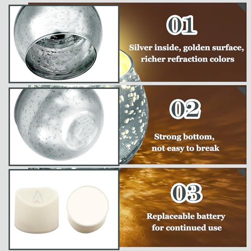 Votive Candle Holders Set - Speckled Mercury Glass with Tea Lights, Silver, 24 Pieces