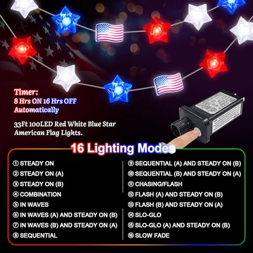 Patriotic String Lights 33FT 100 LEDs with 16 Modes & Timer - Red White Blue Star & Flag Variation of THIS listing