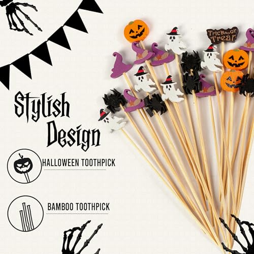 Halloween Toothpicks 200 Pcs - Bamboo Cocktail Picks for Appetizers & Drinks - Halloween Party Decorations - Variation of Halloween Picks