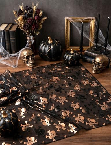 Halloween Skull Tablecloth 64x72 Inch Black and Gold Gothic Party Decor