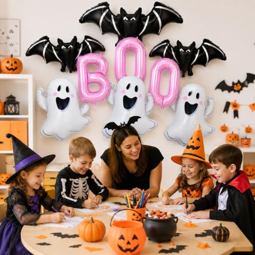 Halloween Foil Balloons Set with Ghost, Bat & Boo Letter Decor - 16 Inch