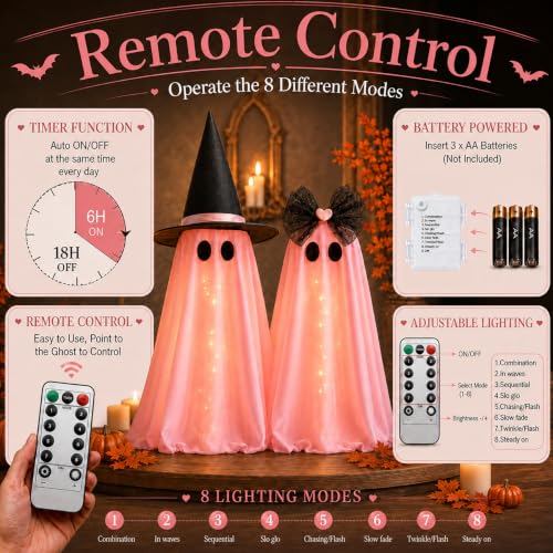 Pink Light Up Ghost Decorations - Halloween Indoor Decor with Remote Control