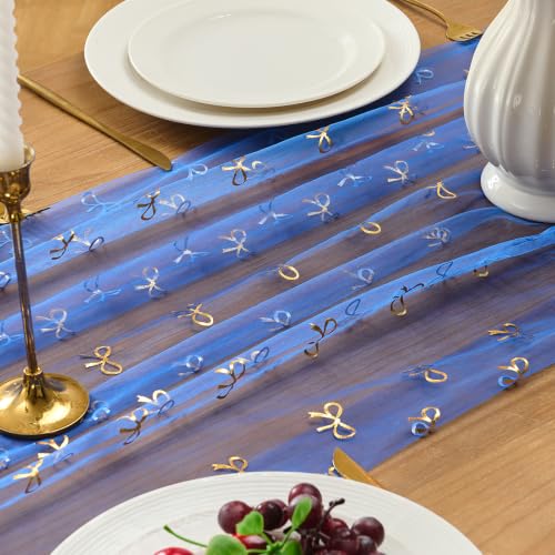 Royal Blue Gold 10FT Bow Table Runner 3Pc Sheer Gauze Sequin Tulle