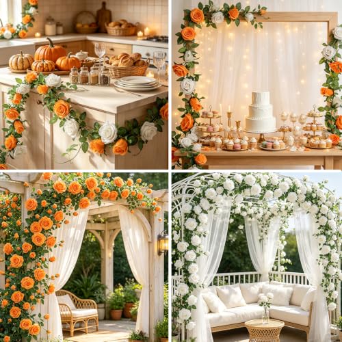 GREENTIME 2-Pack Orange White Flower Garland - 6.5Ft Rose Vine Decor