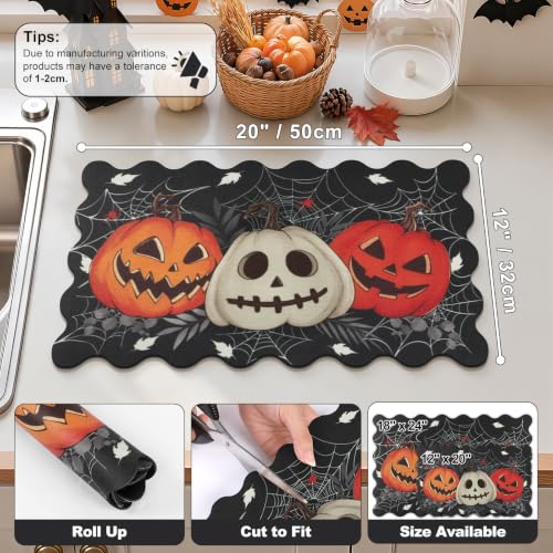 Scalloped Halloween Dish Drying Mat - Spooky Pumpkin Black, 12x20 Inches - Halloween Scary Pumpkin