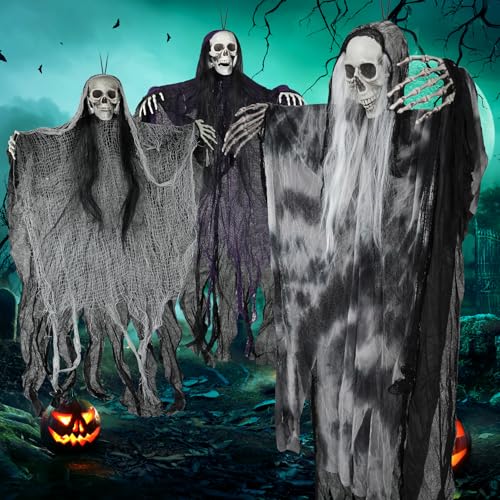 Large Hanging Halloween Skeleton Ghost Decorations Set – 3 Pack Outdoor Yard Decor