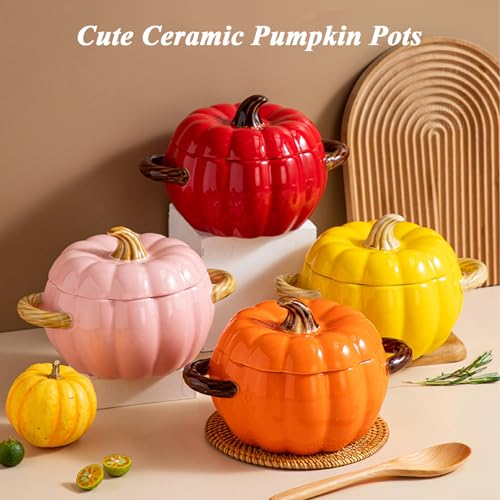 Pink Pumpkin Soup Bowl 64oz Ceramic Pumpkin Pot with Lid - Holiday Themed Serveware