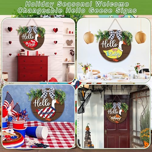 Wooden Goose Welcome Sign with Interchangeable Outfits - Rustic Farmhouse Porch Decor - 13 Pieces - Variation of Goose Outfits