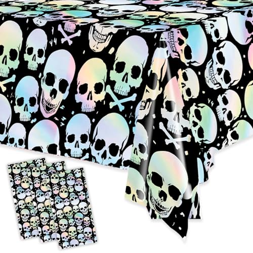 Halloween Skull Tablecloth Disposable 3 Pack - Iridescent 54 x 108 Inch Party Cover