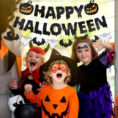 Black Glitter Halloween Banner with Pumpkin Ghost Bat Decorations - Party Wall Decor