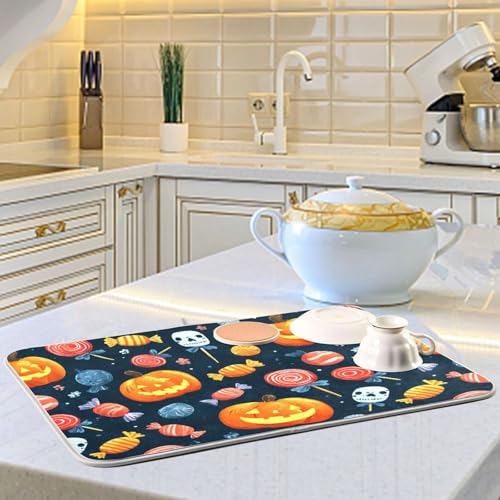 Halloween Pumpkins Skull Candy Dish Drying Mat 16x18 Inch for Kitchen Countertops