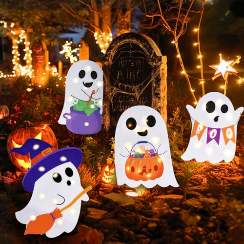 Lighted Halloween Ghost Yard Signs Pack of 4 Outdoor Lawn Decorations