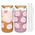 Pink Pumpkin Glass Cups with Lids & Straws - Fall Thanksgiving Gift Set - 18oz 2 Pack