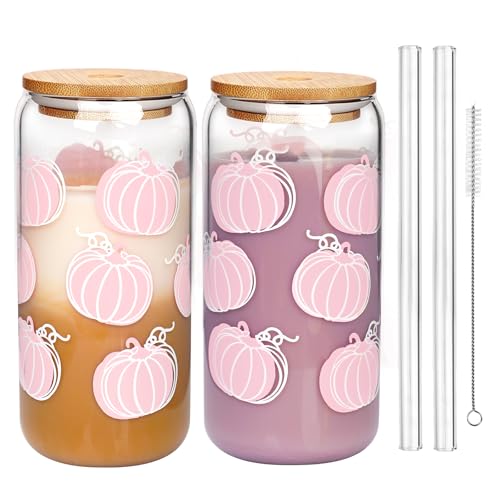 Pink Pumpkin Glass Cups with Lids & Straws - Fall Thanksgiving Gift Set - 18oz 2 Pack