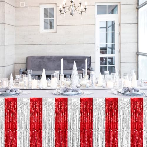 Red Silver Foil Fringe Table Skirt Set - 2 Pack, 29.5x108 Inches, Party Decorations