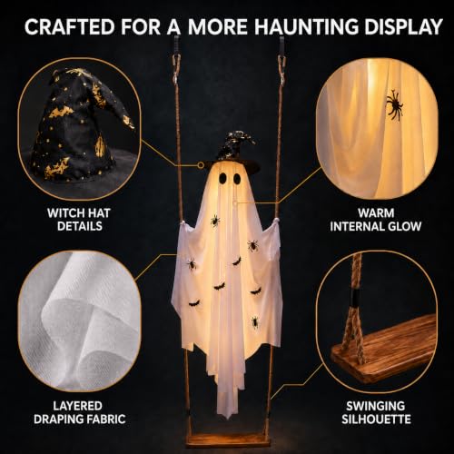 CRILARY White Halloween Swinging Ghost Outdoor Decor 5.9ft with Lights