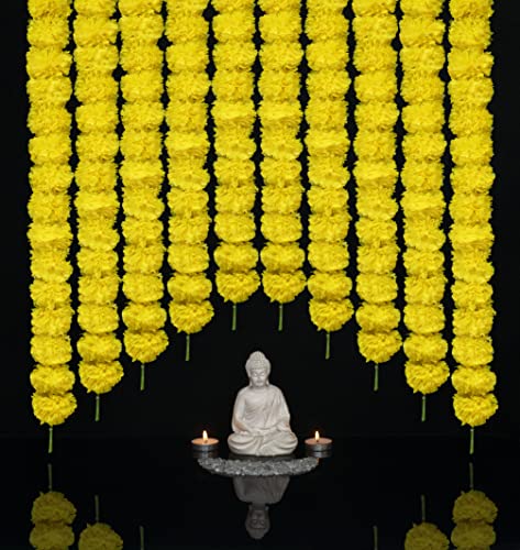 Lime Yellow Artificial Marigold Garland 4.5 Feet - Diwali & Party Decor, 20 pcs