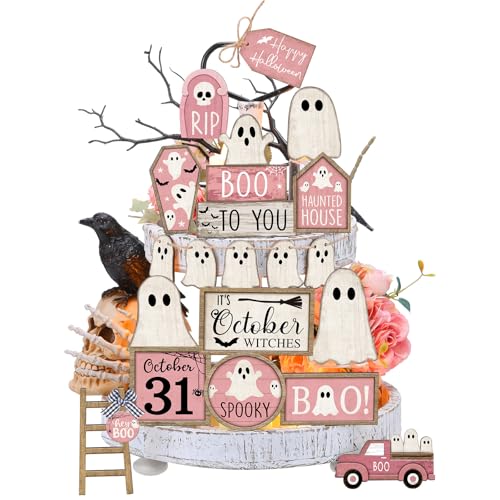 Halloween Wooden Tiered Tray Decorations Set Ghost Pink White - MiniInflat