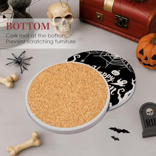 Halloween Coasters for Drinks Set of 6 Ceramic Stone with Cork Bottom & Holder - Black Variation
