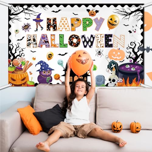 Halloween Classroom Banner Backdrop 70.8x43.3 Inches Ghost Spider Bat Pumpkin Decor - 5.9x3.6ft Variation