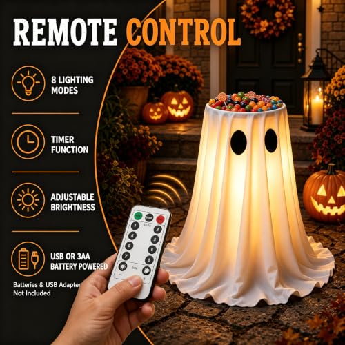 30-Inch Glowing Ghost Candy Bowl Stand Halloween Outdoor Decorations - LED Ghost with Remote