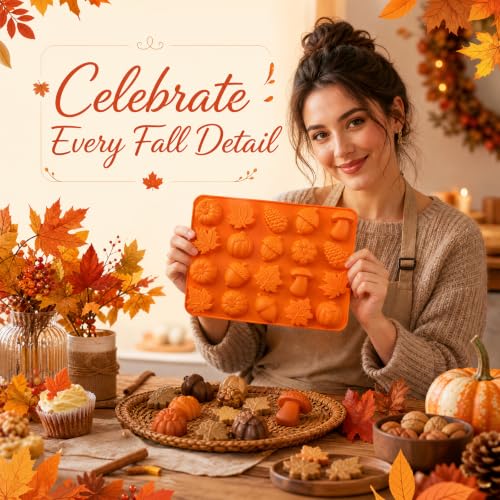 Autumn Silicone Molds - Maple Leaf, Pumpkin, Acorn & Mushroom Shapes for Halloween & Thanksgiving Baking