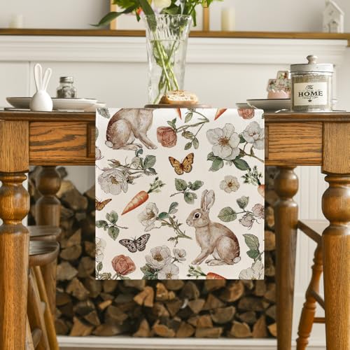 Easter Bunny Carrots Flower Table Runner 13x120 Inch Seasonal Spring Kitchen Decor
