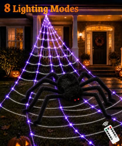 Purple LED Halloween Spider Web Lights with Giant Spider - Outdoor Yard Decor