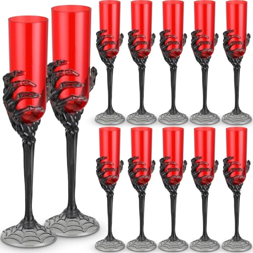 12 Pack Halloween Skeleton Hand Goblets - Black and Red Plastic Cups, 4.6 oz