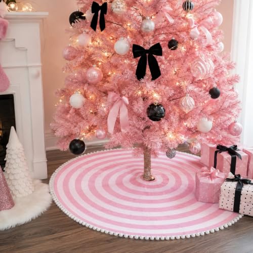 Pink and White Christmas Tree Skirt with Pom Poms - 30 Inch Diameter, MACTING