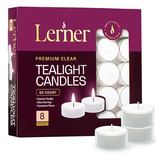 Bulk Clear Tea Lights Candles - 50 Pack, 8 Hour Burn Time - Unscented, Long-Lasting, Safe Flameless Decor