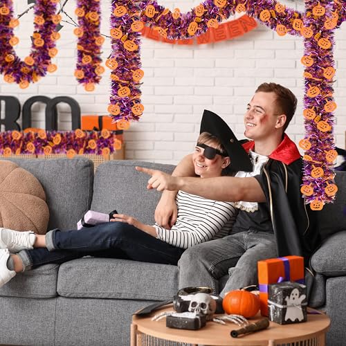 50 FT Halloween Tinsel Garland with Purple & Black Pumpkins - Glitter Decor Streamers