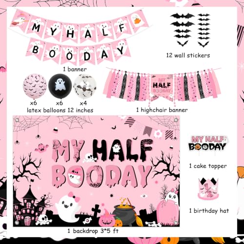 Pink and Black Halloween Half Birthday Decorations Set for Girls | Party Banner, Backdrop, Balloons & Wall Stickers
