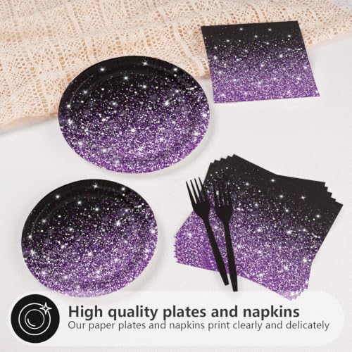 Black Purple Plates - 96Pcs Birthday Party Decorations for Girls, Serves 24, Glitter Gradient with Star Accents