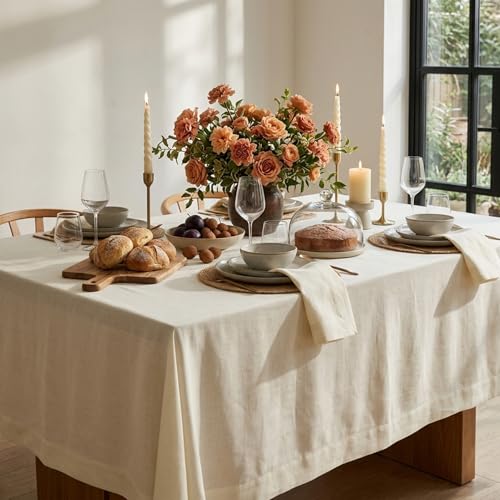 Ivory Linen Tablecloth 60 x 144 Inches - Handcrafted European Flax for Dining