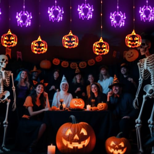 Halloween Window Curtain Lights with Spider and Pumpkin Decorations - Indoor String Lights, 8 Modes, Timer