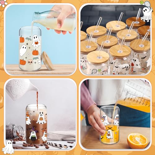 Multicolor Halloween Ghost Glasses Cups - 12 Pack 16 oz Bulk Drinkware with Lids & Straws