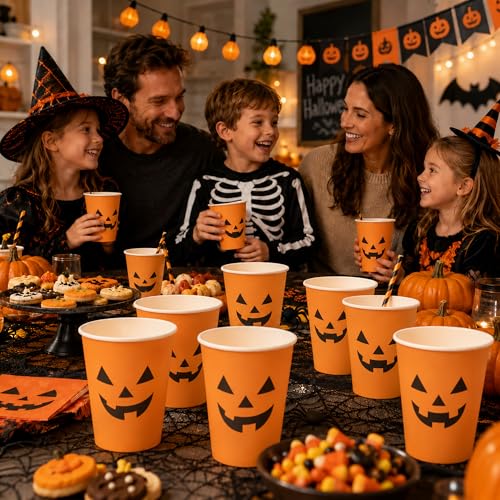 Halloween Pumpkin Cups 100Pcs - Jack O Lantern Disposable 9oz Party Drinkware