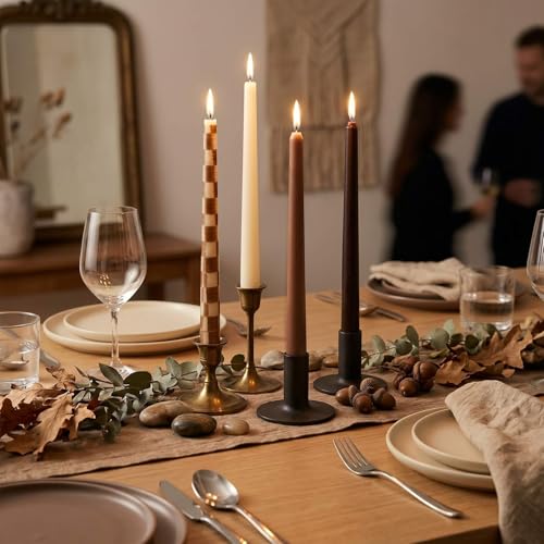 Fall Taper Candles Set - Brown Checkered 10 Inch Rustic Decor