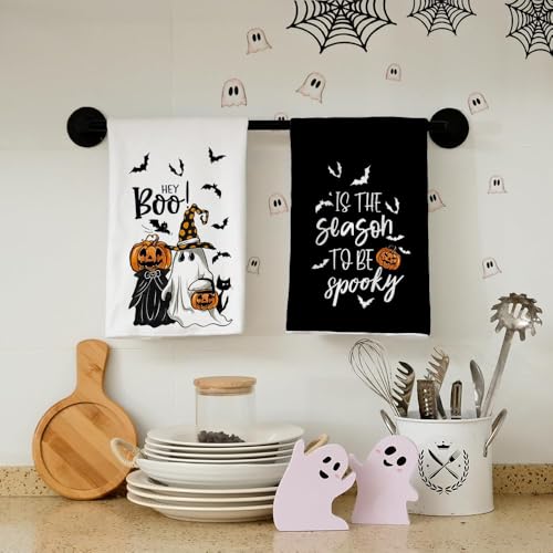 Halloween Kitchen Towels Set of 2 Ghost and Pumpkin Decor - Microfiber Farmhouse Style